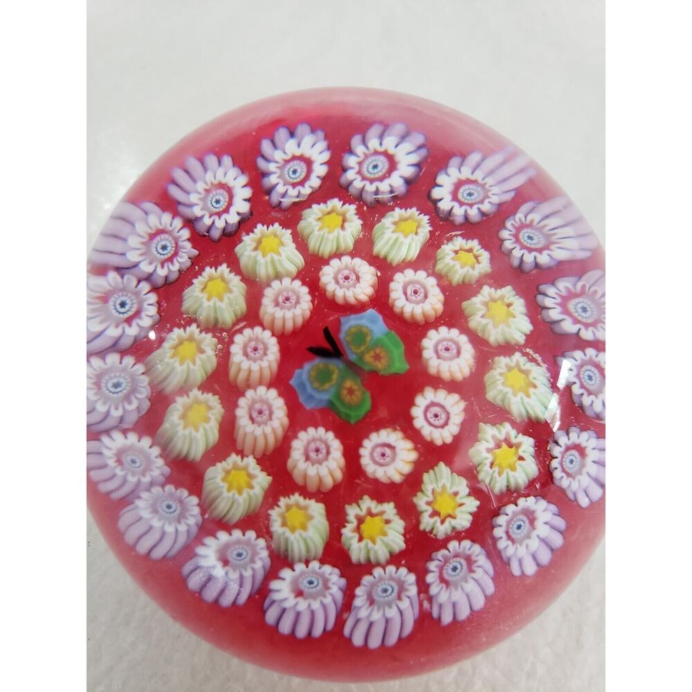 John Deacons Art Glass Millefiore Paperweight Red‎ with Butterfly Center 52mm